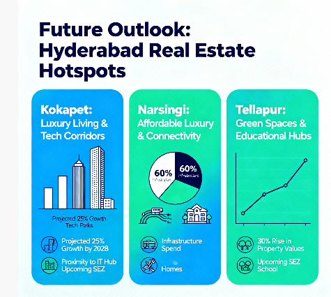 Overview of the future outlook for upcoming real estate hotspots in Hyderabad, focusing on growth and investment opportunities.
