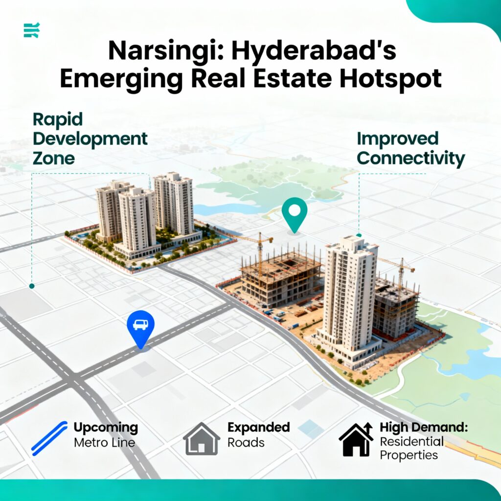 Image showcasing Narsingi as an upcoming real estate hotspot in Hyderabad, emphasizing its rapid development, improved connectivity, and increasing demand for residential properties.
