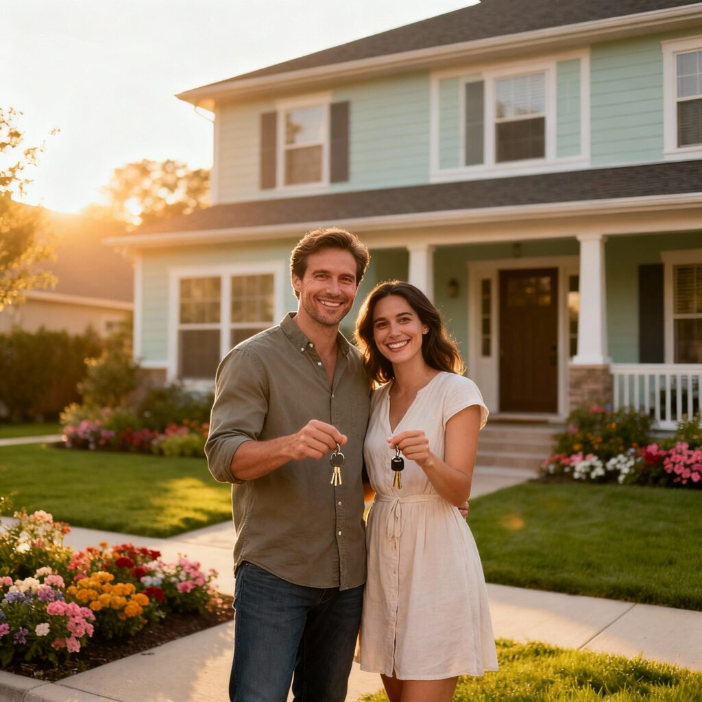 Buying vs Building a Home: Couple standing outside a well-maintained home, symbolizing the ease of purchasing an existing property.
