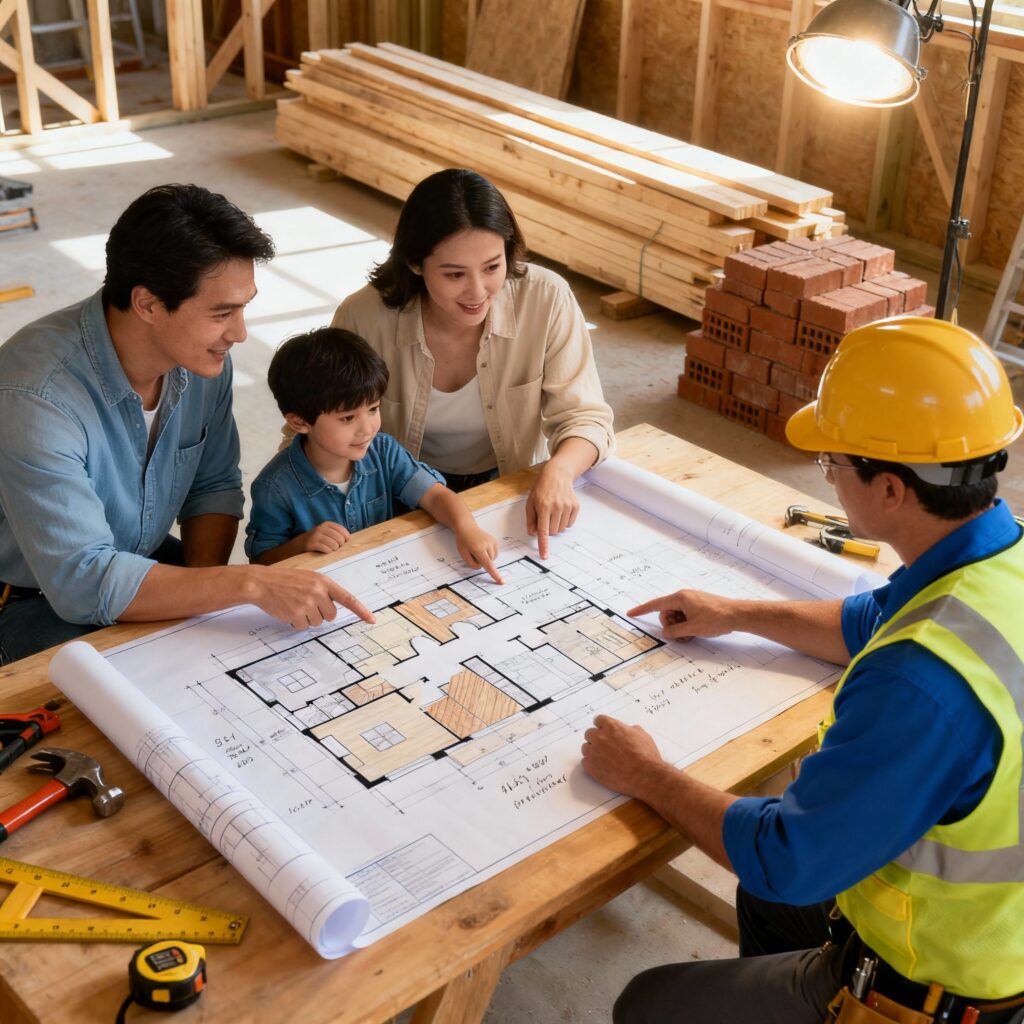 A family with a contractor at a construction site, highlighting the customization and long-term value in Buying vs Building a Home.

