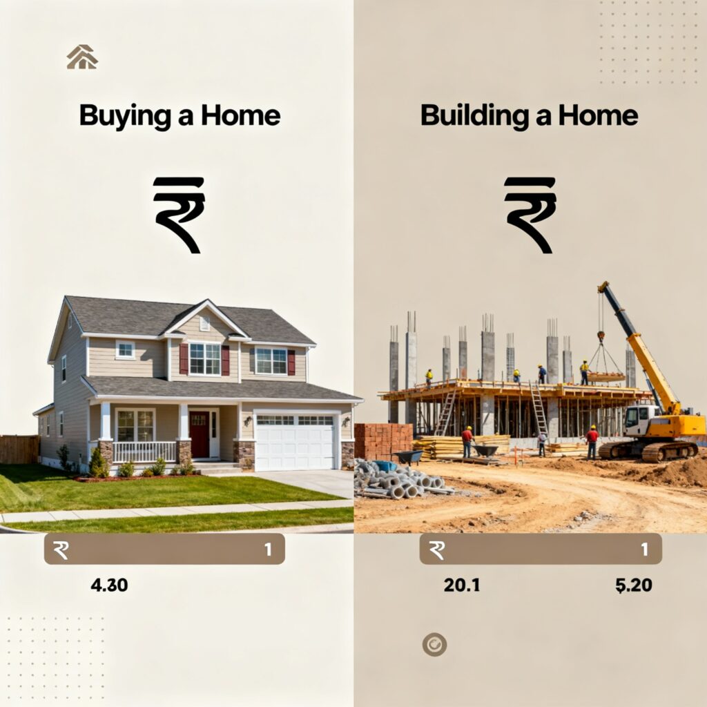 A split image showing a finished home on one side and a construction site on the other, representing the cost comparison between Buying vs Building a Home.