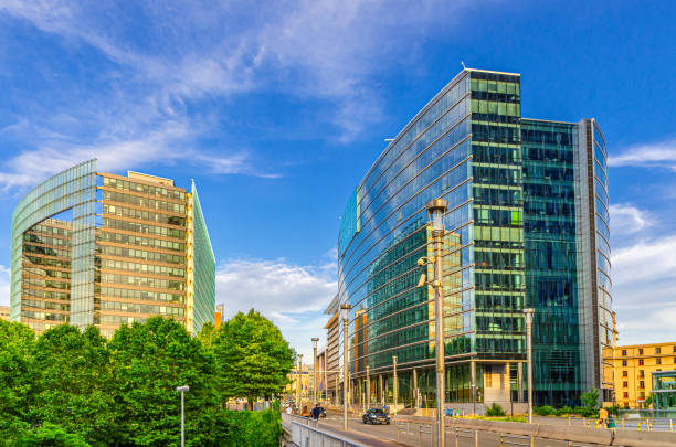 Lex building high-rise of government offices and Charlemagne Representation of the European Commission on Rue de la Loi Wetstraat Law Street in European Quarter of Brussels city, Belgium