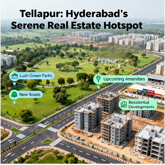 Image highlighting Tellapur as a peaceful upcoming real estate hotspot in Hyderabad, featuring its serene environment, developing infrastructure, and growing appeal for residential investments.
